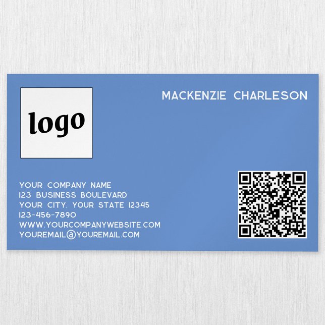 Einfache Logos und QR-Code blau Magnetische Visitenkarte (Logo QR code custom blue business card magnet)