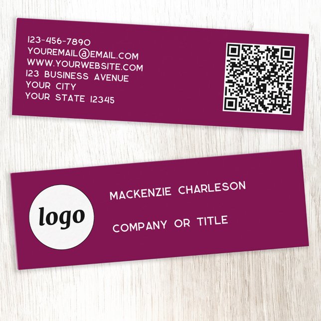 Einfache Logos und QR-Code Cherry Pink Magenta Mini Visitenkarte (Simple logo QR code custom text professional branding mini business card dark cherry pink magenta)