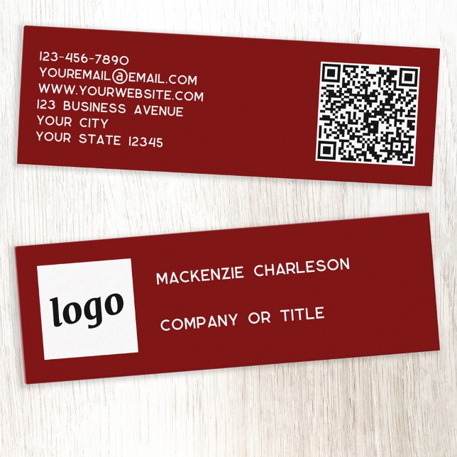 Einfache Logos und QR-Code Dunkle Burgundy Red Mini Visitenkarte (Simple logo QR code custom text professional branding mini business card dark burgundy red)