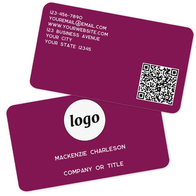 Einfache Logos und QR-Code Magenta Cherry Pink Visitenkarte (Simple logo QR code custom text professional branding promotional business card dark magenta pink)