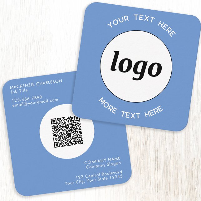 Einfache Logos und Text-QR-Code Blau Quadratische Visitenkarte (Simple logo with QR code custom text professional branding sky blue business card)