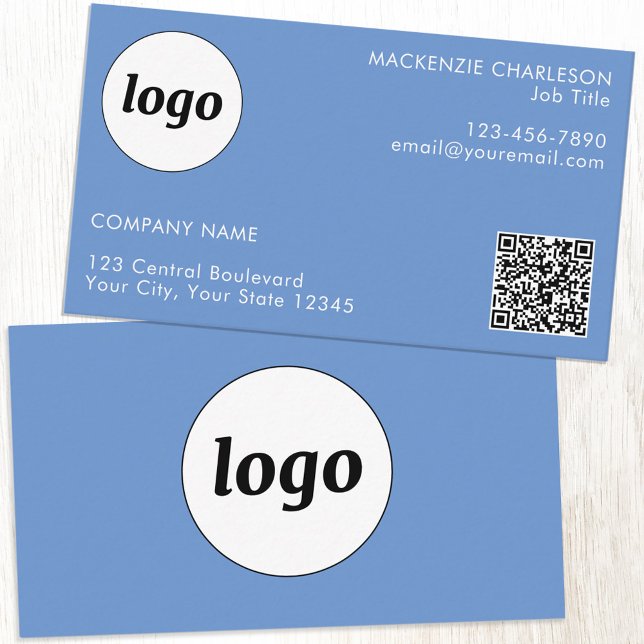 Einfache Logos und Text-QR-Code Blau Visitenkarte (Simple logo with QR code custom text professional branding sky blue business card)