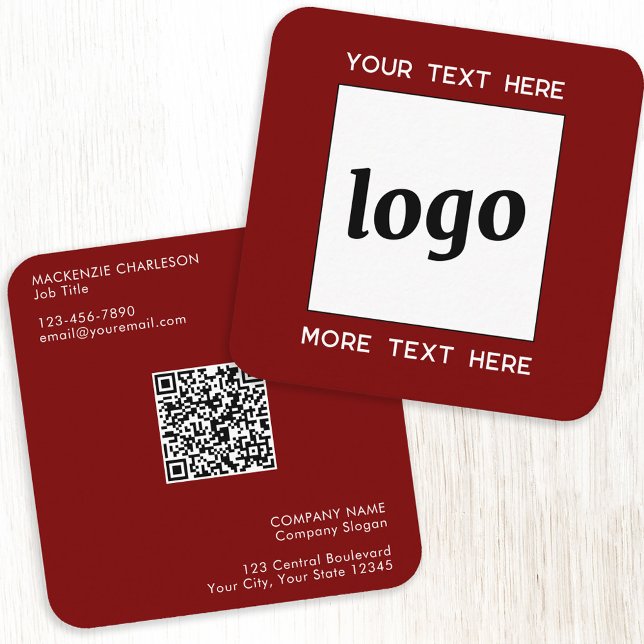 Einfache Logos und Text QR-Code Dunkel-Burgund-Rot Quadratische Visitenkarte (Simple logo QR code custom text professional branding business card dark burgundy red)