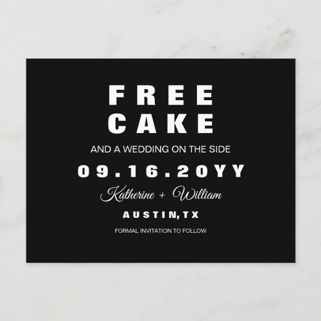 Einfache, lustige, freie Kuchen Hochzeit retten da Ankündigungspostkarte (Vorderseite)