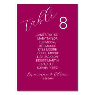 Einfache Magenta-Tischnummer-Karte mit Namen Tischnummer