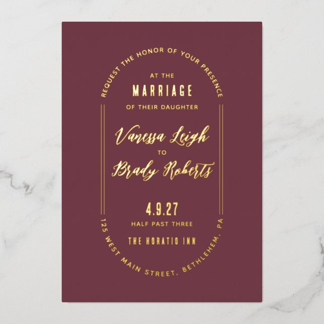 Einfache Maroon-Minimalistische Hochzeitseinladung Folieneinladung (Vorderseite)