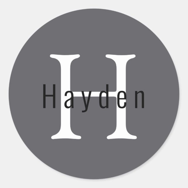 Einfache Maskuline Gray Monogram Name + Initial Runder Aufkleber (Vorderseite)
