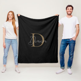 Einfache Midnight Black Mossy Gold Script Monogram Fleecedecke