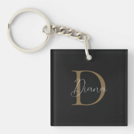 Einfache Midnight Black Mossy Gold Script Monogram Schlüsselanhänger