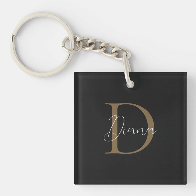 Einfache Midnight Black Mossy Gold Script Monogram Schlüsselanhänger (Vorderseite)