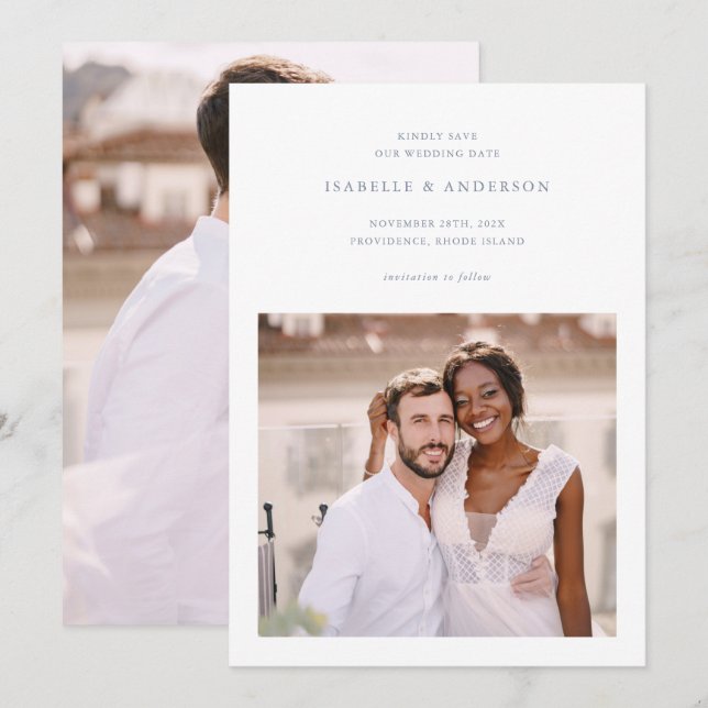 Einfache Minimal Blue Two Foto Hochzeit Save The Date (Vorne/Hinten)