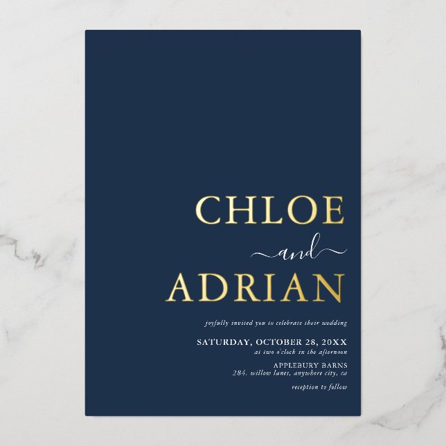 Einfache Minimal Blue Wedding Gold Folieneinladung (Vorderseite)