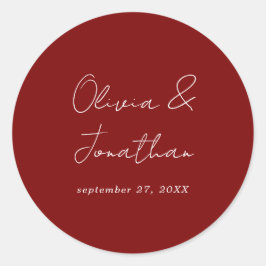 Einfache Minimal Burgundy Red Script Wedding Runder Aufkleber