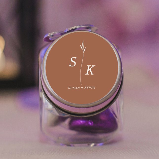 Einfache Minimal Chic Elegance Leaf Monogram Weddi Runder Aufkleber (Von Creator hochgeladen)