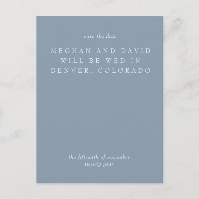 Einfache Minimal Dusty Blue Modern Save the Date Ankündigungspostkarte (Vorderseite)