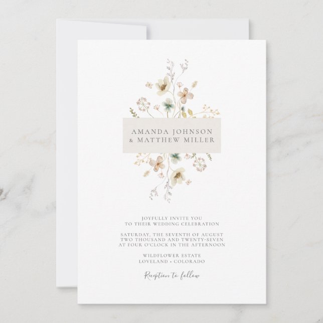 Einfache Minimal-Elegante Hochzeit mit Flora Einladung (Vorderseite)
