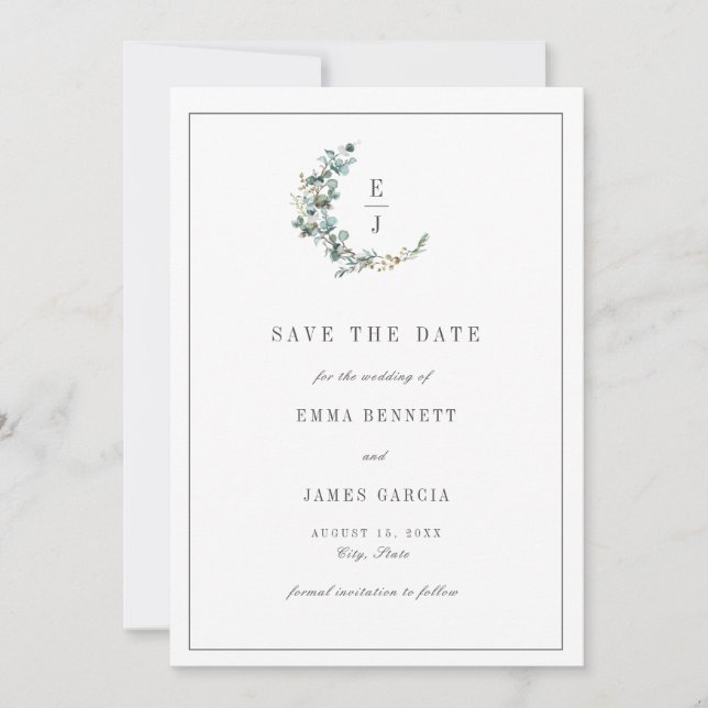Einfache Minimal-Eukalyptus-Wreath-Monogramm-Hochz Save The Date (Vorderseite)