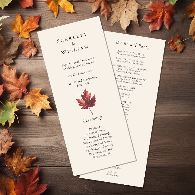 Einfache Minimal Fall Leaf Creme Hochzeit Programm (Von Creator hochgeladen)