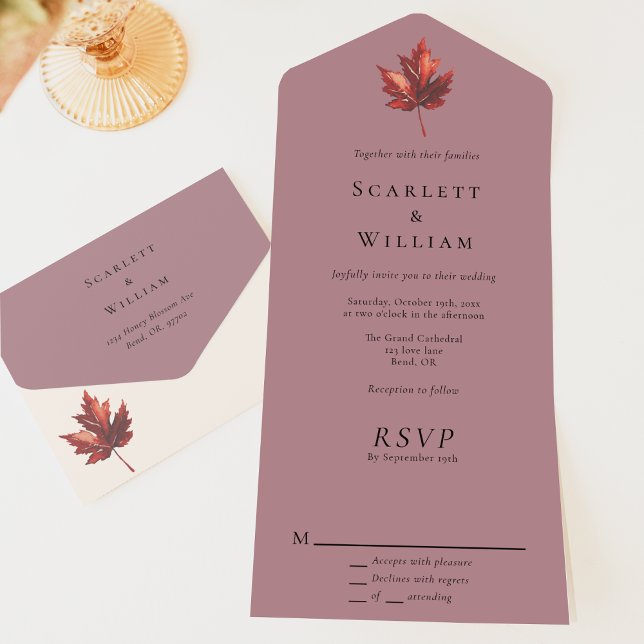 Einfache Minimal Fall Leaf Mauve Wedding All In One Einladung (Von Creator hochgeladen)