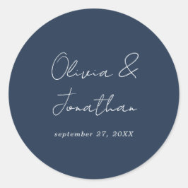Einfache Minimal Navy Blau Schrift Hochzeit Runder Aufkleber