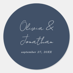 Einfache Minimal Navy Blau Schrift Hochzeit Runder Aufkleber