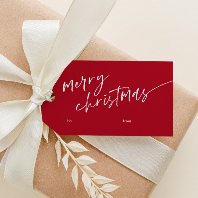 Einfache Minimal Script frohe Weihnachten Geschenkanhänger (Simple red and white modern script merry christmas gift tag with hand-drawn stripe pattern on back.)