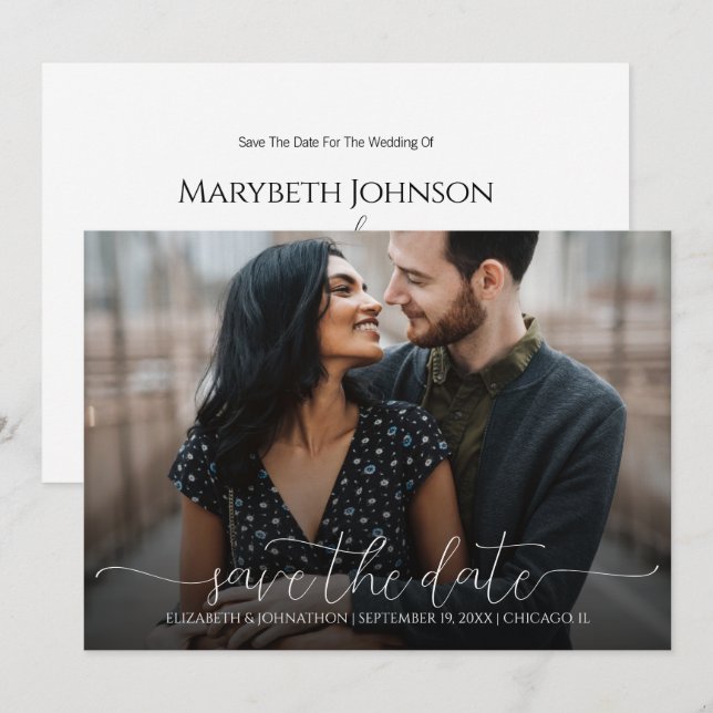 Einfache Minimal-Script Schwarz-Weiß-Foto-Hochzeit Save The Date (Vorne/Hinten)