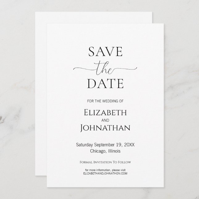 Einfache Minimal-Script Schwarz & Weiß Hochzeit Save The Date (Vorne/Hinten)