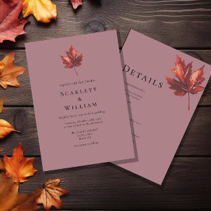 Einfache minimale Fall Leaf Mauve Hochzeitsdetails Einladung