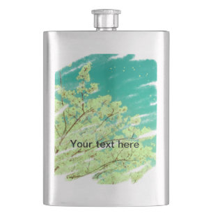 Einfache minimale grüne gelbe florale Blätter Text Flachmann