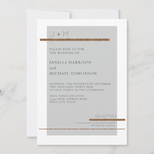 Einfache minimale moderne graue goldene Hochzeit Einladung (Vorderseite)