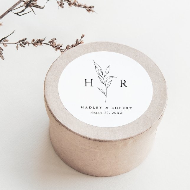 Einfache minimale Mongram Botanische Hochzeit Runder Aufkleber (Von Creator hochgeladen)