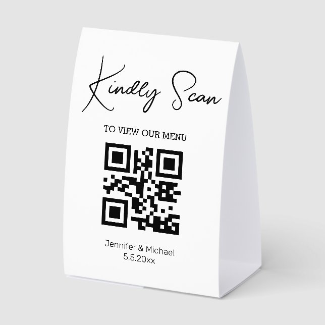 einfache minimale trendy qr Code Hochzeitsmenü Tischaufsteller (Vorderseite)