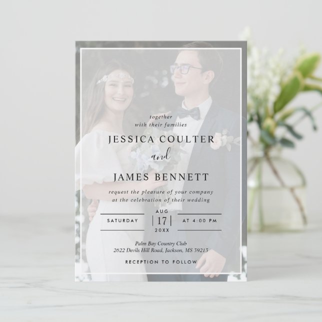 Einfache Minimale Typografie Vellum Foto Hochzeit Einladung (Stehend Vorderseite)