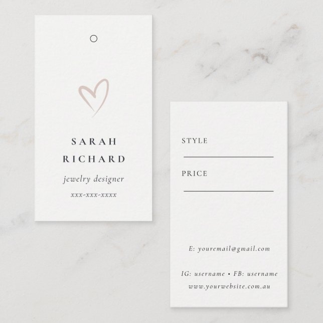 Einfache minimale White Blush Herzpreismarke Name Visitenkarte (Vorne/Hinten)
