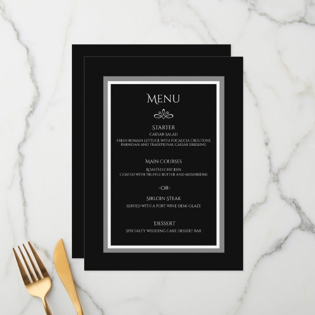 Einfache, minimalistisch-elegante Hochzeit in Schw Menükarte (Vorderseite/Rückseite Beispiel)