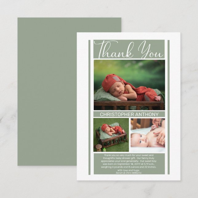 Einfache Minimalistisch Sage Baby Shower Boy Viele Dankeskarte (Vorne/Hinten)