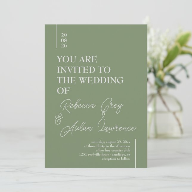Einfache Minimalistisch Sage Green White Einladung (Stehend Vorderseite)