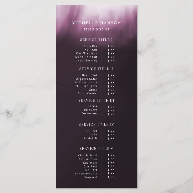 Einfache Minimalistische Abstrakt rosa Lila Preisl Menükarte (Vorderseite)