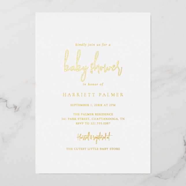 Einfache Minimalistische Babydusche Gold Folieneinladung (Vorderseite)