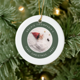 Einfache Minimalistische Babys 1. Weihnachtsgrün Keramik Ornament