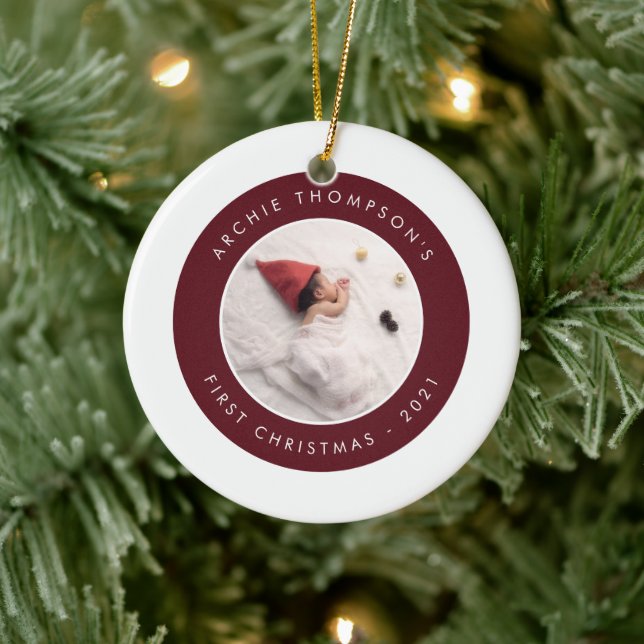 Einfache Minimalistische Babys Erstes Weihnachtsro Keramik Ornament (Baum)