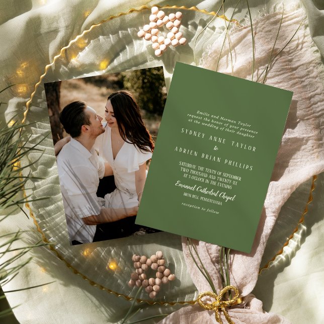 Einfache Minimalistische|Dark Sage Foto Hochzeit Einladung (Von Creator hochgeladen)