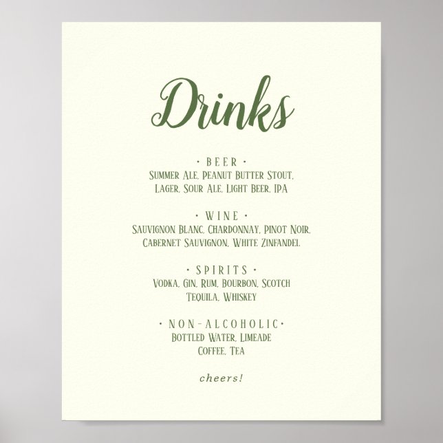 Einfache Minimalistische|Dark Sage Wedding Drinks  Poster (Vorne)