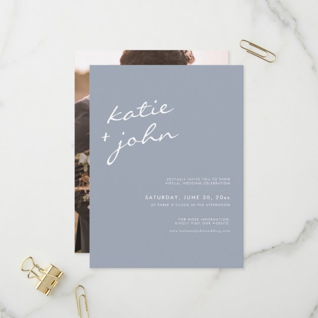 Einfache Minimalistische Dusty Blue Virtual Weddin Einladungspostkarte (Vorderseite/Rückseite Beispiel)