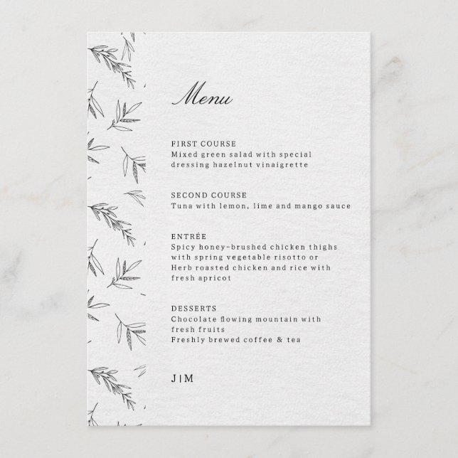 Einfache Minimalistische Eukalyptus-Hochzeit Menükarte (Vorderseite)