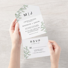 Einfache Minimalistische Grünenmonogramm All In One Einladung