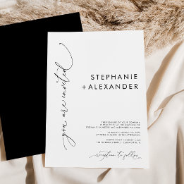 Einfache Minimalistische Hochzeit in Schwarz und W Einladung