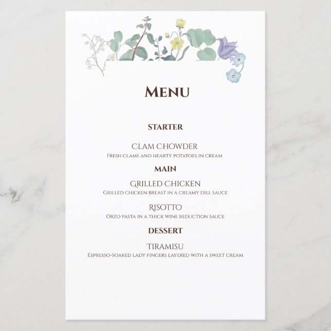 Einfache, minimalistische Hochzeitsmenüs (Vorderseite)