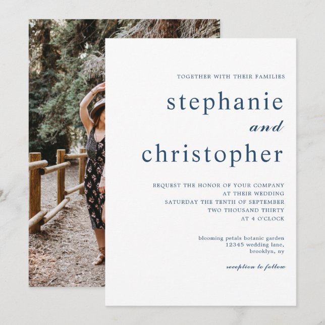 Einfache Minimalistische moderne Blue Script Foto  Einladung (Vorne/Hinten)